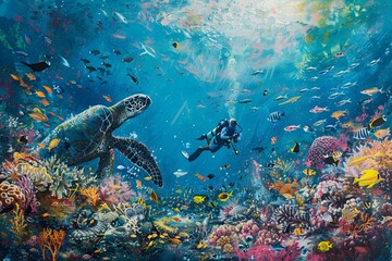 A diver exploring a vibrant coral reef, surrounded by colorful fish, majestic sea turtles, and playful dolphins