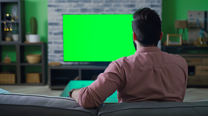 Sports fan watching game on green screen tv mockup encouraging favourite team while relaxing at home sitting on couch. Man sport supporter looking at television with chroma key display in living roomS - obrazy, fototapety, plakaty