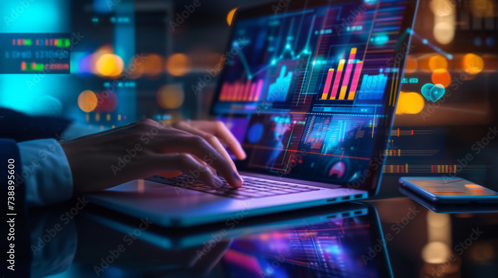 Poster person's hands are seen typing on a laptop keyboard, with futuristic digital graphics of charts, gra