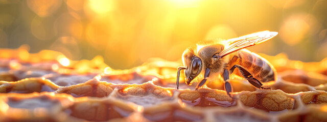 close-up of a bee sitting on a honeycomb, honey
