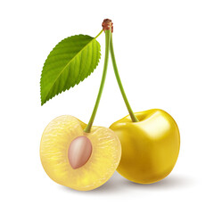 A stems with yellow cherries, accompanied by a green leaf, placed on a white. The stem holds two sweet cherry fruits, with one of them cut in half revealing its pit - 738895610