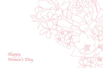 Womens day card with an inscription and flowers made of pink lines