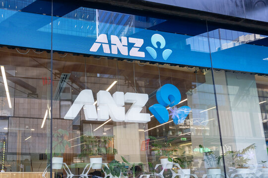 Auckland, New Zealand - February 1, 2024: ANZ logo sign on the building in Auckland, New Zealand. ANZ Bank New Zealand Limited is a New Zealand banking and financial services company. 