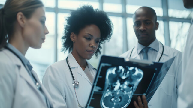 group of medical professionals, two women and a man, in a clinical setting examining and discussing an X-ray film.