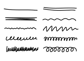 Black marker underline line strokes set. Hand drawn curls, lines, doodle sketch illustration