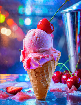 Uma casquinha com sorvete de morango e uma cereja no topo, sobre o balcão de uma sorveteria toda iluminada com luzes coloridas.