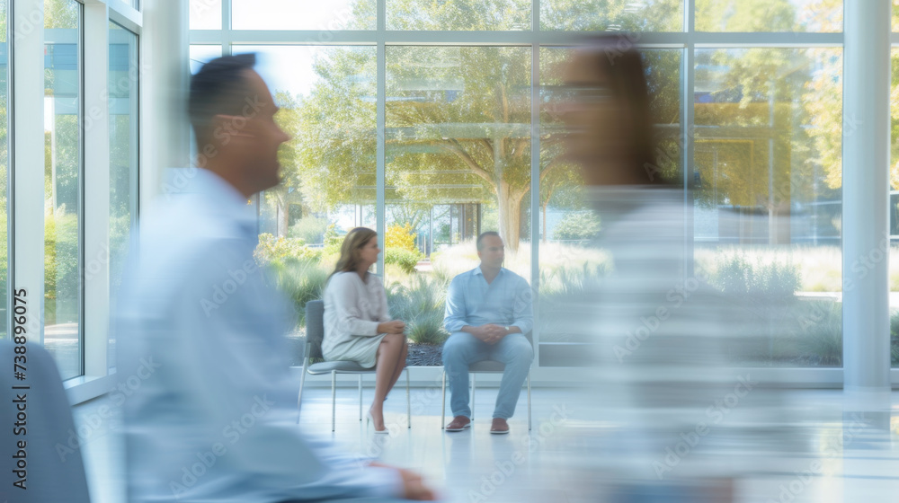 Aufkleber motion-blurred figure walking through a modern office space with two people sitting and conversing i