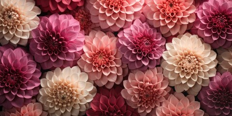 Beautiful dahlia flower heads arranged for a textured background. Peach, pink, colored flowers 