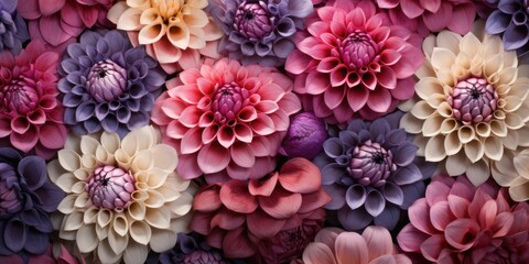 Beautiful dahlia flower heads arranged for a textured background. Peach, pink, colored flowers 