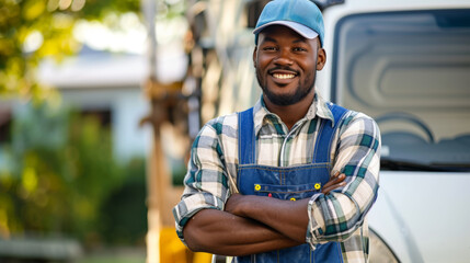 smiling man with a beard, wearing a blue cap, a plaid shirt, and a blue overall with a tool belt, standing confidently with his arms crossed in front of a white van.
