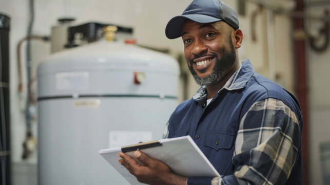 smiling man wearing a baseball cap and a blue plaid shirt over a blue work uniform, holding a clipboard in an industrial or maintenance setting, possibly a technician or a worker.
