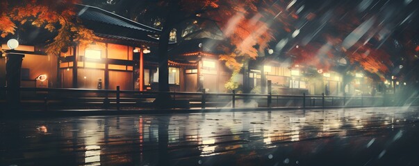 Tranquil streets of a serene Japanese cityscape blending manga and digital art. Concept Urban Landscape, Japanese Culture, Manga Art, Digital Illustration, Tranquility