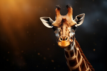Giraffe in shining golden light against a dark background, highlighting its grace and beauty