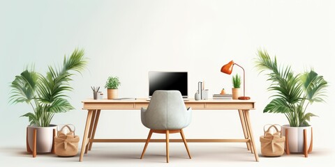 Fototapeta premium Creative composition of home office space with two wooden frames, stylish desk, chairs, plant, laptop and office accessories. Home decor background