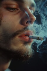 Obraz premium Man Smoking Cigarette in Dark Room