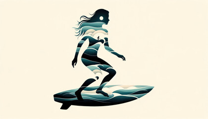 Fototapeta premium Surfing Grace: Minimalist Double Exposure of a Surfer Girl
