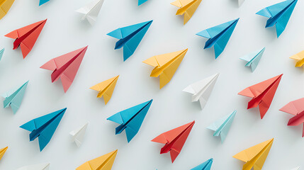 small minimalistic paper planes in different colors evenly distributed on white background