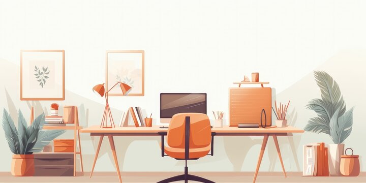 Creative composition of home office space with two wooden frames, stylish desk, chairs, plant, laptop and office accessories. Home decor background