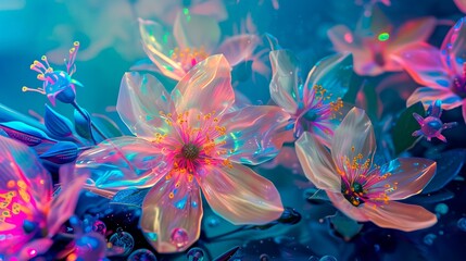 This image showcases a digital art piece featuring a magical array of neon-colored flowers that glow with an inner light. The blossoms display a spectrum of radiant hues, primarily in pinks and blues,