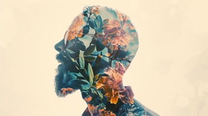 This artistic image presents a profile view of a bearded man's silhouette, seamlessly blended with a colorful array of flowers and foliage. The double exposure effect creates a poetic juxtaposition be