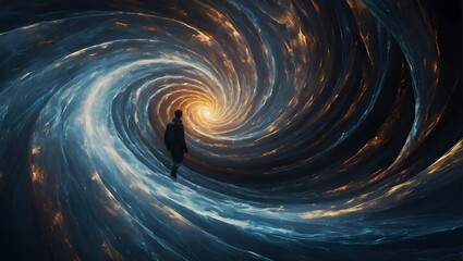 In the heart of a swirling vortex, a lone traveler navigates pathways of shimmering energy