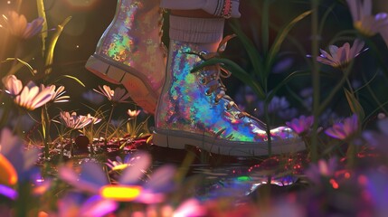 An intricate image captures a close-up of someone's feet wearing dazzling iridescent boots with a pattern of galaxy or cosmic colors, secured by black laces over white socks that reach mid-calf. The b - obrazy, fototapety, plakaty