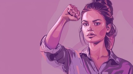 poster, strong woman, we can do it, flipping middle finger, purple colors
