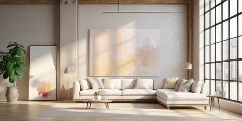 Large living room loft, bright, sunny interior. Big mockup canvas over the sofa