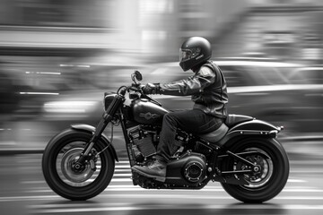 A biker in motion, captured in a monochrome blur, exemplifies speed and control, the essence of freedom on the open road, with a focus that turns the bustling city into a streak of lights.