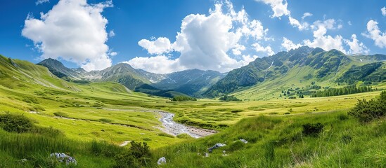 view of mountains and rivers during summer on a sunny day.