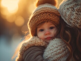 Portrait of a little girl in warm clothes sitting in her mother's arms.