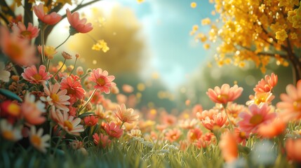 Fantastic picture background with orange and yellow flower meadow.