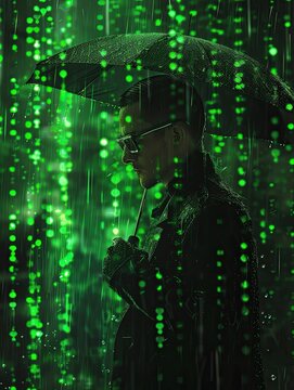 In this image, a stylized depiction shows a person wearing sunglasses and a dark outfit, standing in a profile view, while holding a transparent umbrella that shields them from a torrent of glowing gr