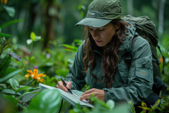 A female botanist intently studies a map amidst lush greenery, her focus and gear suggesting a serious scientific endeavor in the field of botany.