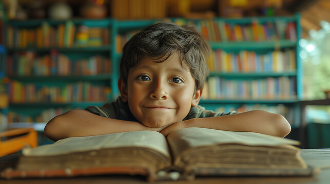 A boy sitting in front of an open book in the library is smiling.