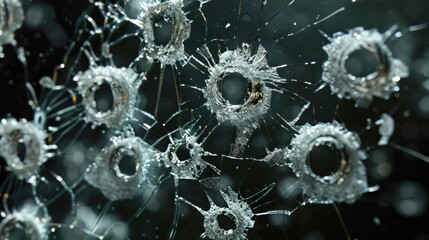broken glass with multiple real bullet holes, starkly isolated against a black background