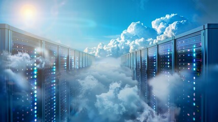 rows of network servers set against a blue sky with clouds, visually representing the idea of cloud computing and computer networking