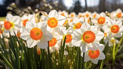 This image captures a picturesque scene of bright white and orange daffodils illuminated by the warm glow of the sun, with each flower showcasing its delicate petals and striking corona. The daffodils