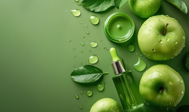 refreshing green apple skincare products with fresh water droplets on a vibrant green background