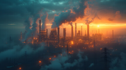 Fototapeta premium oil and gas chemical tank with oil refinery plant background at twilight, business power and energy chemical barrel
