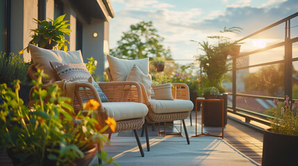 Serene Sunset View on a Stylish Rooftop Terrace with Comfortable Seating.