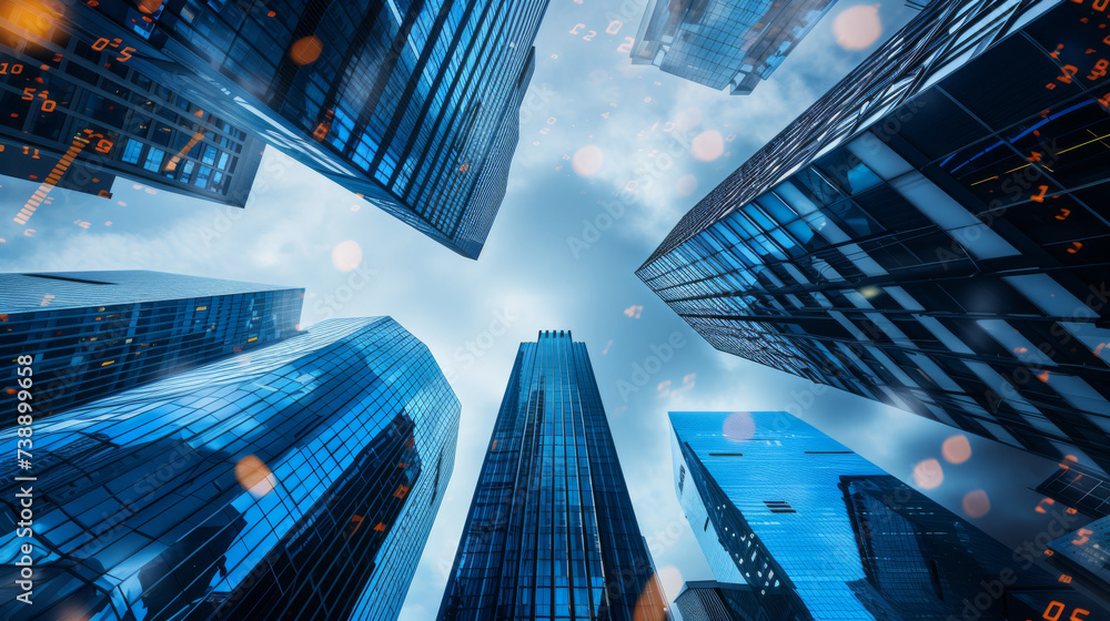 Aufkleber skyscrapers with superimposed graphs and numerical data, illustrating a concept of the business dist