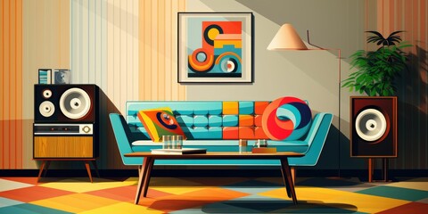 Retro-style living room with hi-fi audio turntable. Colorful patterns and furniture background