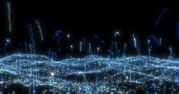 Ocean of blue and white particles on black background. Blue plumes of flying particles flying up and falling down a parabola. Abstract animation.