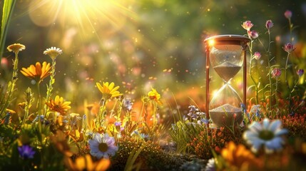 A poetic visual metaphor featuring an hourglass with sun and flowers, capturing the essence of time and the advent of spring - obrazy, fototapety, plakaty