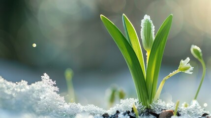  young plant emerges triumphantly through the last remnants of winter snow, heralding the arrival of spring - obrazy, fototapety, plakaty