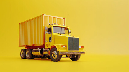 Yellow container truck. Minimalistic style. Yellow solid background. Copy space.