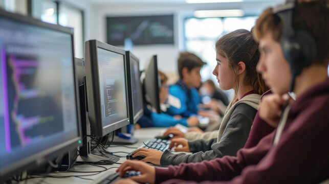 Focused students work on computers in a technology class, coding and developing software as part of their education. AIG41