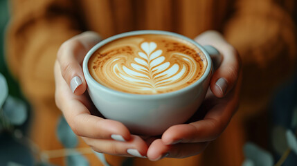 Woman's hands holding a cup of coffee with drawing on the foam