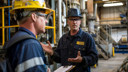 men in industrial work attire, including hard hats and reflective vests, engaged in a discussion with one man gesturing while holding a clipboard in a manufacturing plant environment.